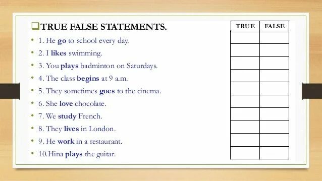 Предложения true false. True false задания. Lesson Plan past simple. Present simple true false. Задания true or false по английскому.