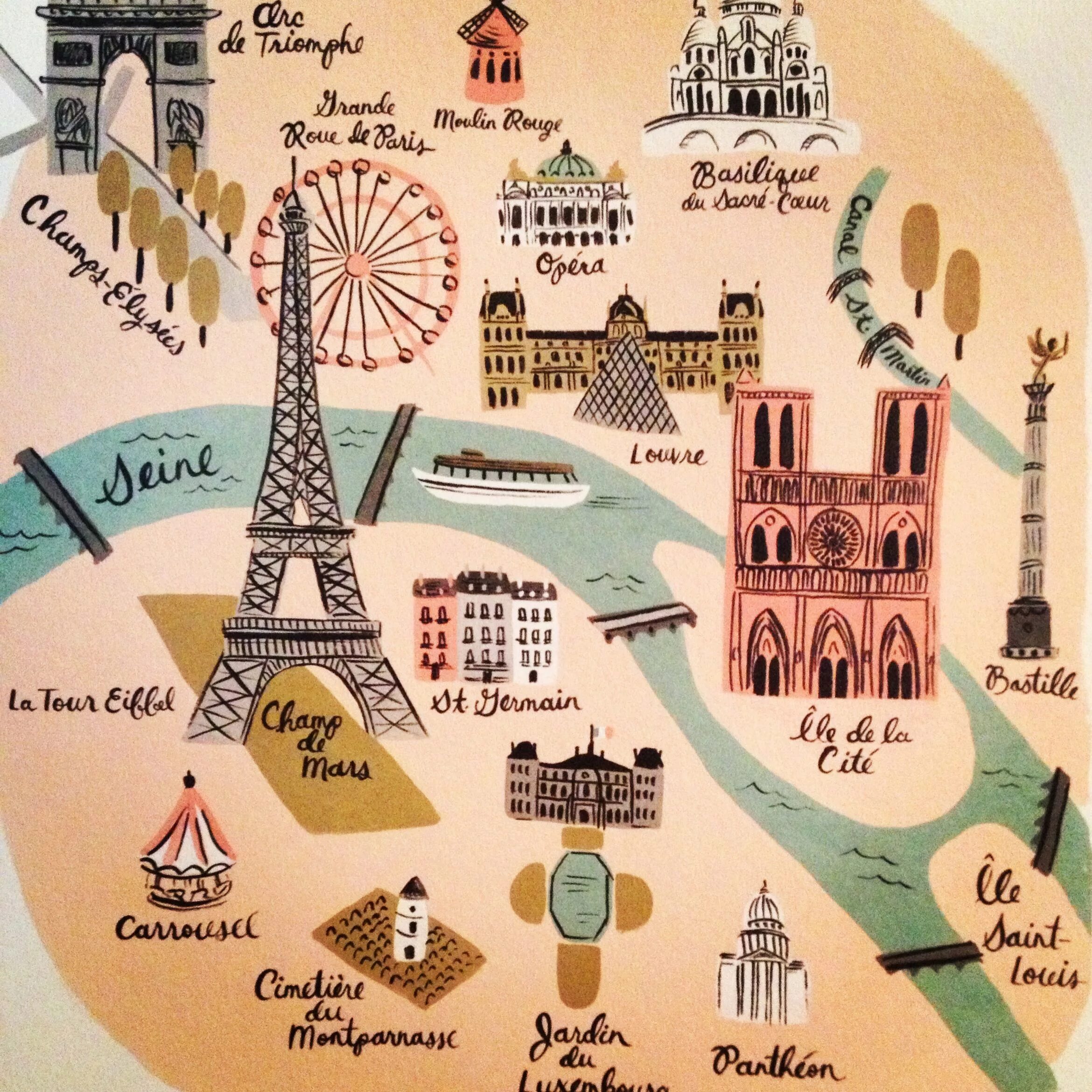 Лексика путешествий. Карта Парижа. Карта Парижа с достопримечательностями. Коллаж с изображением достопримечательностей. Карта Парижа для детей.