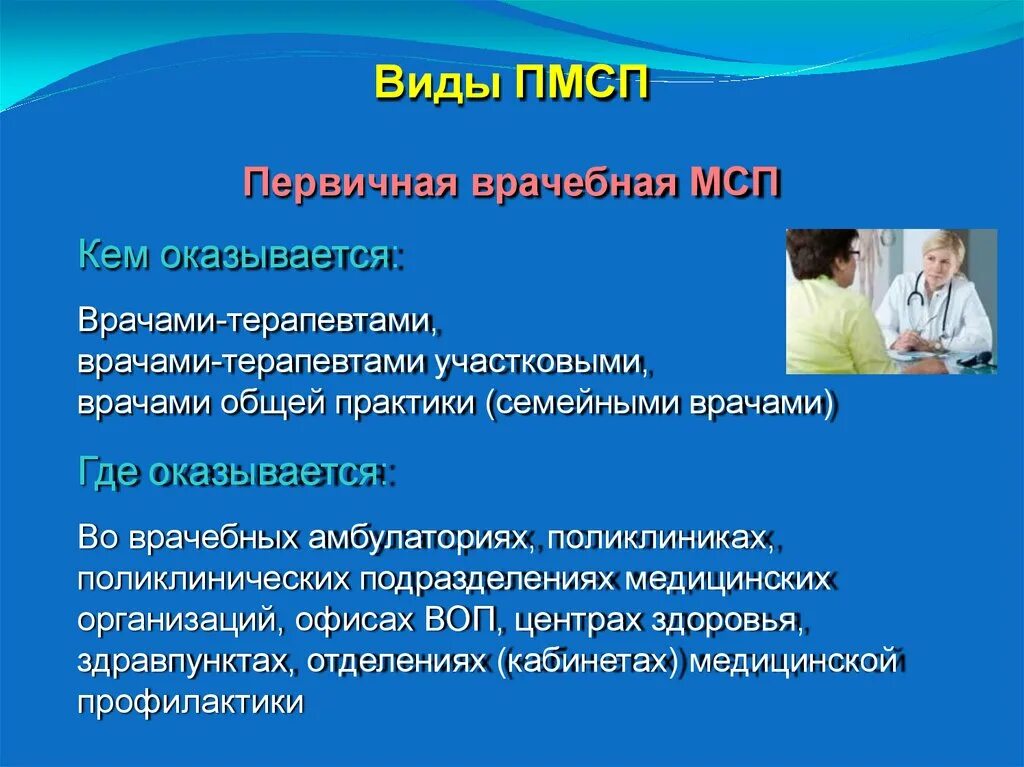 Виды первичной медицинской помощи. Виды ПМСП. Где оказывается первичная медико-санитарная помощь. Структура кабинета врача общей практики. Чем отличается терапевт от участкового терапевта