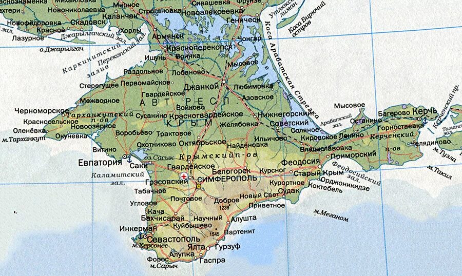 Джанкой на карте крыма показать где находится. Крым карта с городами и поселками. Карта полуострова Крыма подробная с городами и поселками. Полуостров Крым на карте. Карта Крымского побережья с городами и поселками подробная.