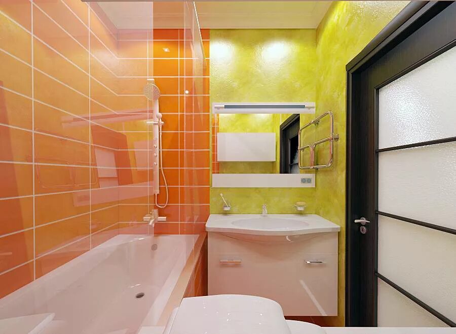 Малогабаритная ванная комната. Цветовые решения для ванной комнаты. Зонирование плиткой в ванной. Ванная в оранжевом цвете. Зона ванной комнаты