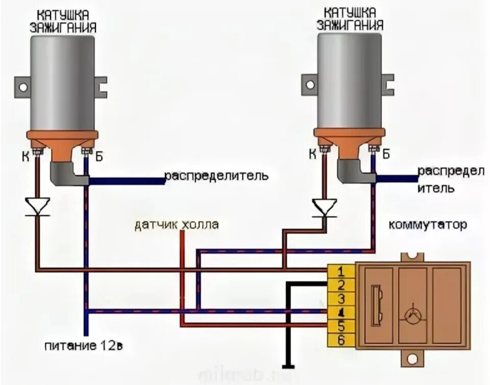 3734 коммутатор схема подключения. 95. Двухконтурное зажигание на змз 402. Два датчика холла. Схема подключения зажигания с датчиком холла.