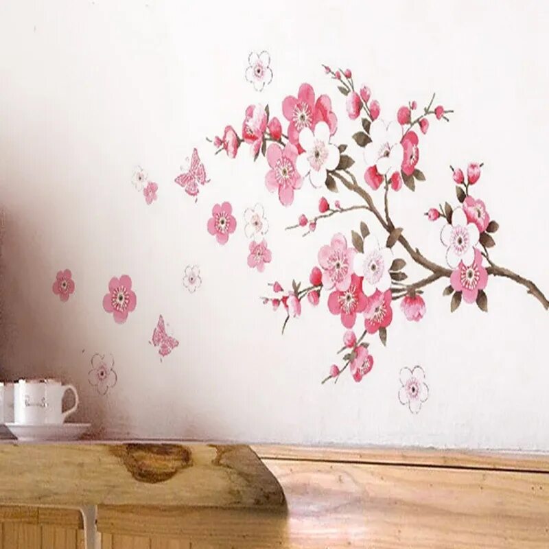 Сакура на стене. Дерево Сакуры на стене. Ветка Сакуры на стене. Роспись стен в интерьере цветы. Цветы на стене Сакура.