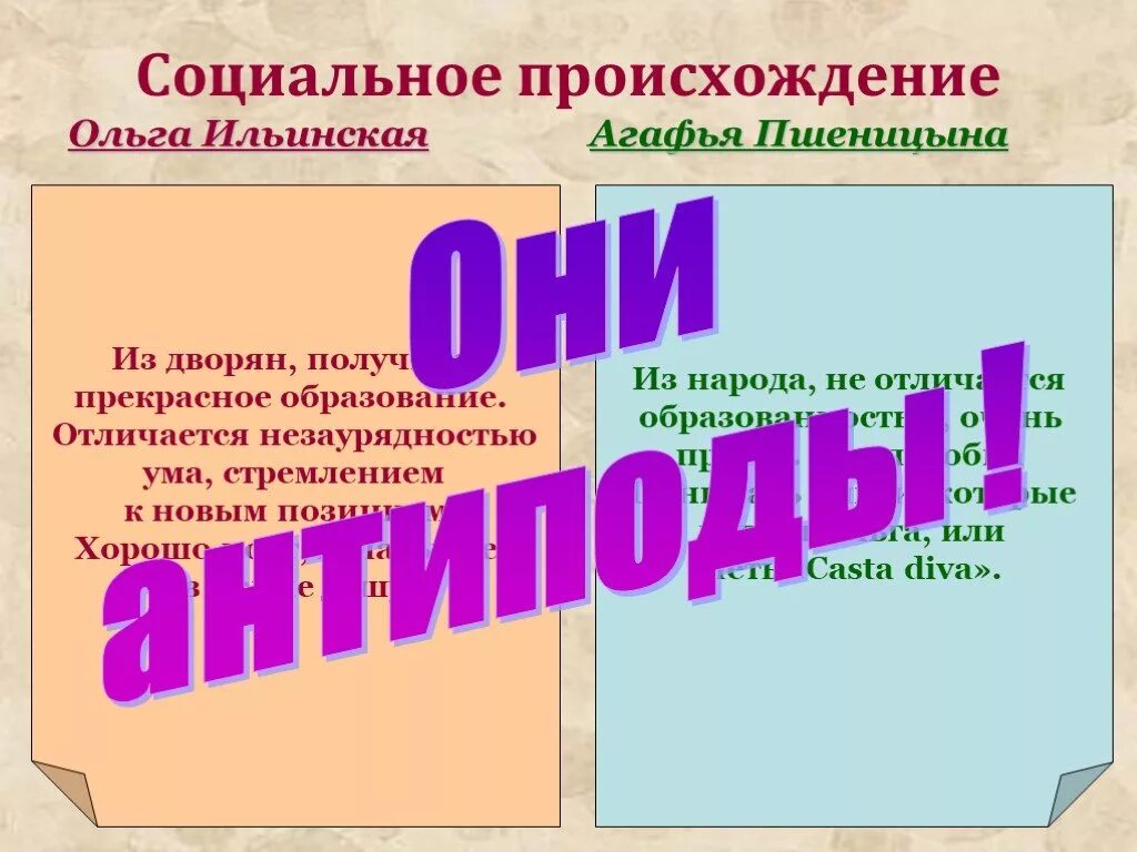 Социальное происхождение. Происхождение Ольги Ильинской. Социальное происхождение Ольги Ильинской и Агафьи Пшеницыной.