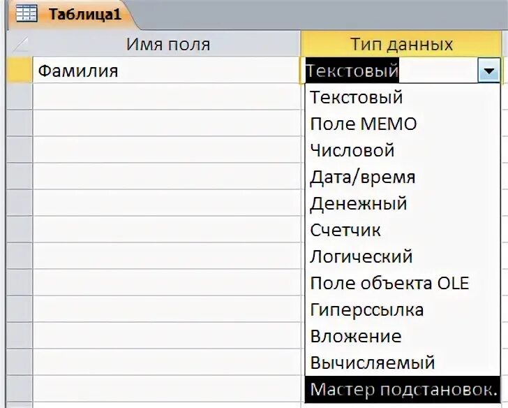 Создание таблиц подстановок. Тип данных мастер подстановок. фамилия тип данных. тип данных мастер подстановок в access. фамилия тип поля.