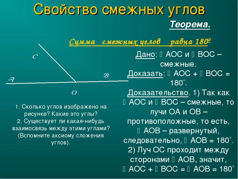 Доказать свойства смежных и вертикальных углов. Теорема о смежных углах с доказательством. Доказательство смежных углов 7 класс. Сумма смежных углов 180 градусов теорема.