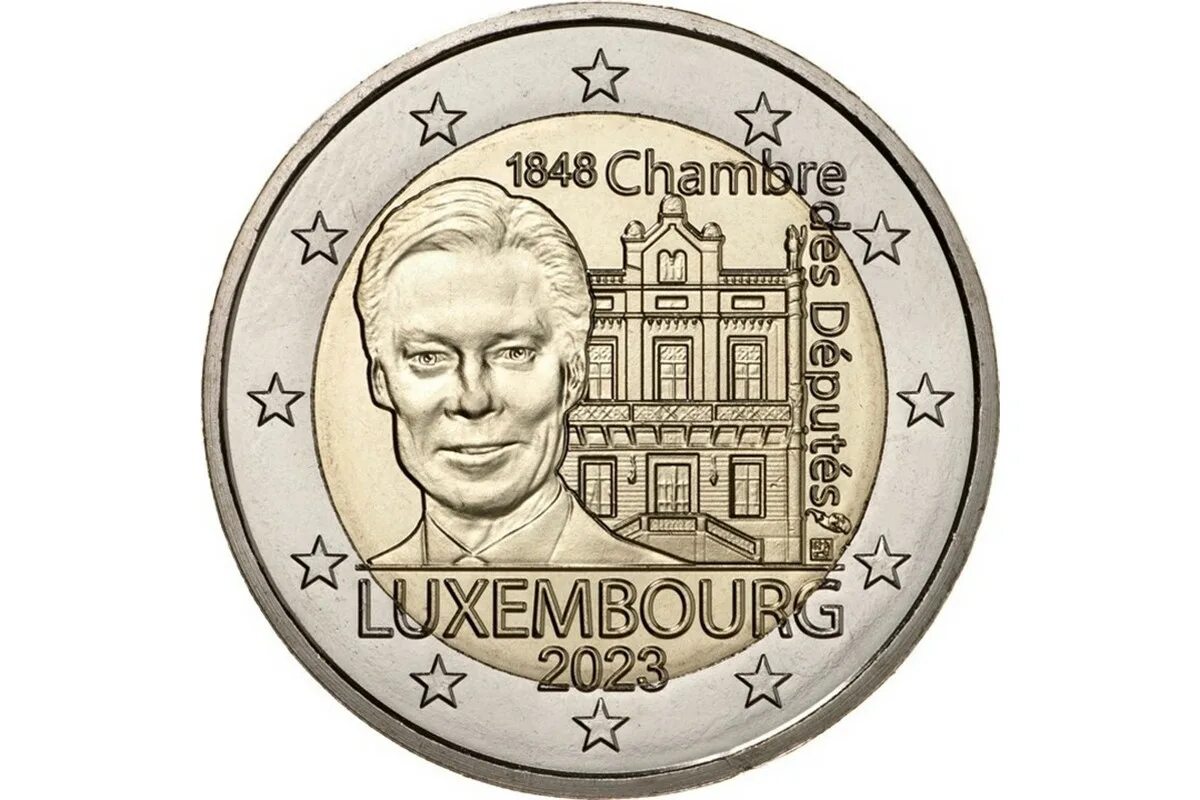 Люксембург 2023. Люксембургское евро. 2 Евро 2023 года Люксембург Анри МОК. 2 Евро 2023г 175 лет палате депутатов Люксембурга и первой Конституции. 5 Евро 2023 Латвия без фона.