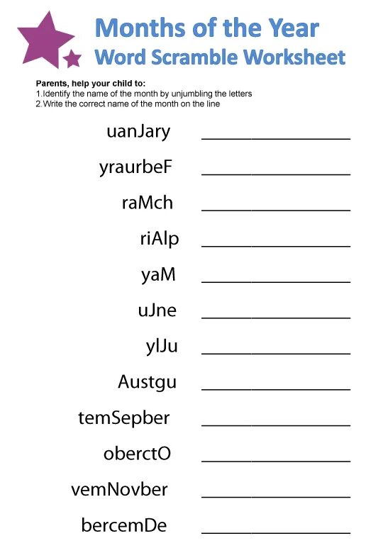 Unscramble the words and write them