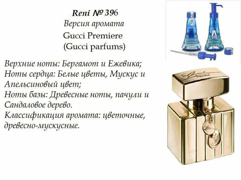 Название духов на разлив женские. Reni 396 аромат направления Gucci Premiere (Gucci). Gucci Premiere духи женские Рени. Gucci Premiere Рени. Гуччи премьер духи Рени.