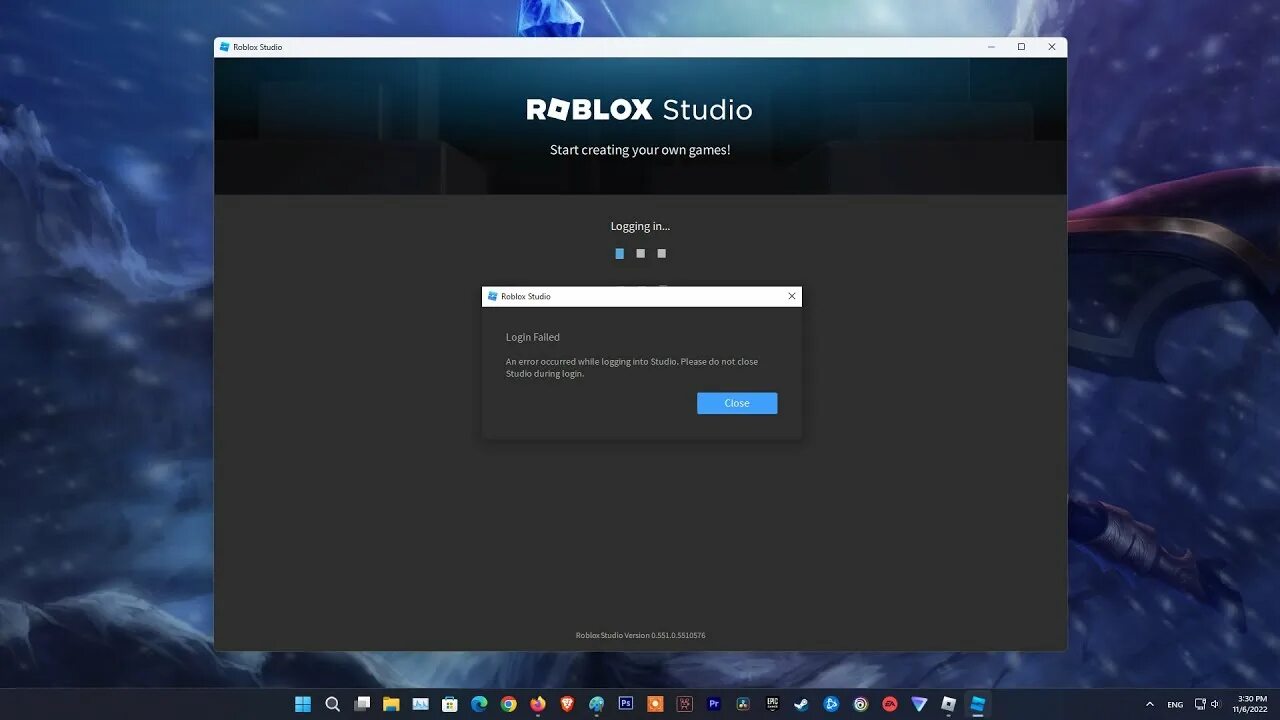 Login failed Roblox Studio. An Error has occurred Roblox. An Unknown Error occurred.. An Error occurred while starting Roblox. Login during