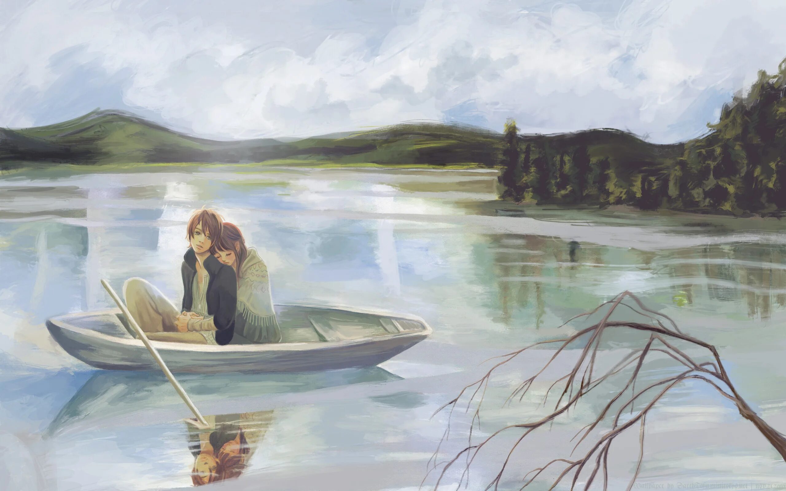 По берегу рек жались друг другу. Двое в лодке картина. Человек в лодке арт. Влюбленные в лодке живопись. Девушка в лодке.