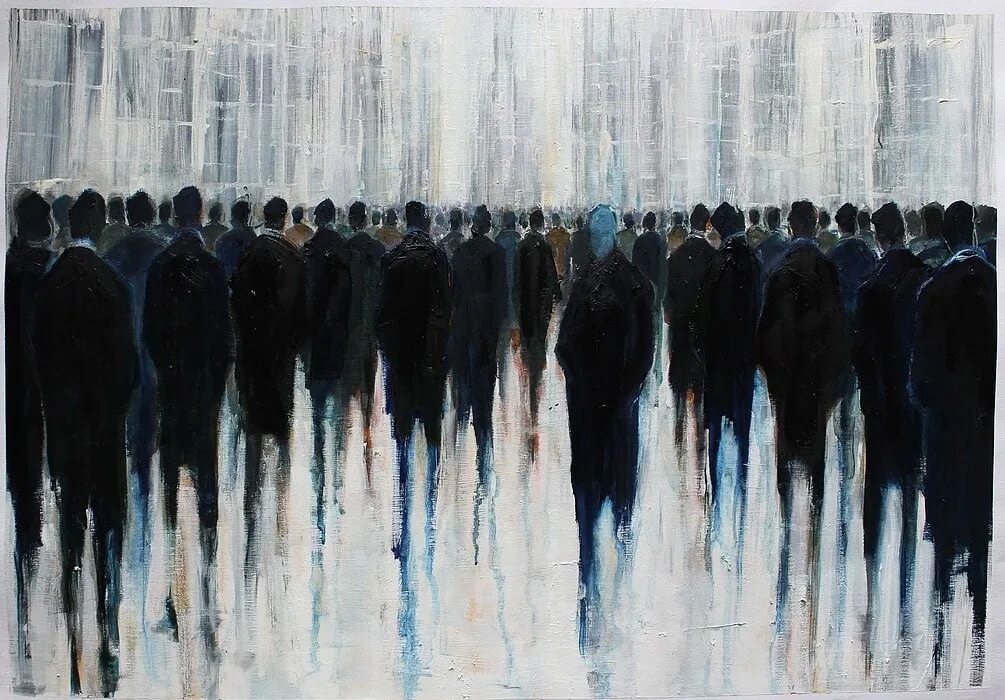 Общество картина. Lesley Oldaker. Художник Lesley Oldaker. Lesley Oldaker Saatchi Art. Толпа и один человек.