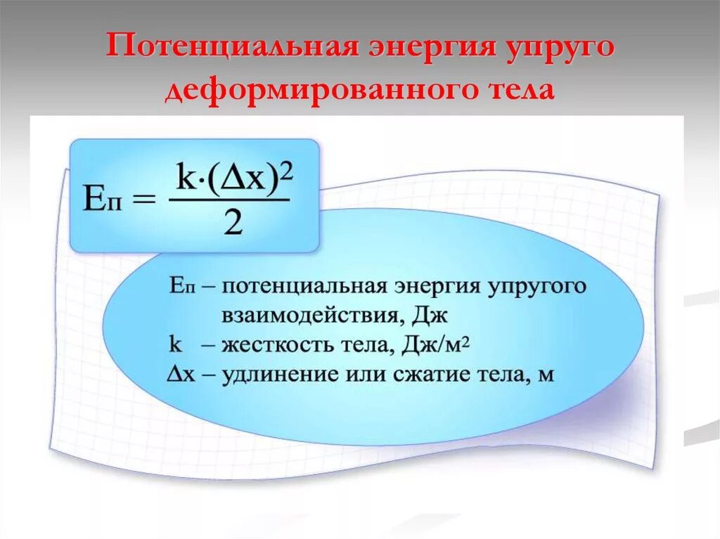 Потенциальная энергия деформации формула. Потенциальная энергия упруго деформированного тела формула. Энергия деформации тела формула. Формула для определения потенциальной энергии упругой деформации. Потенциальная энергия величина в си