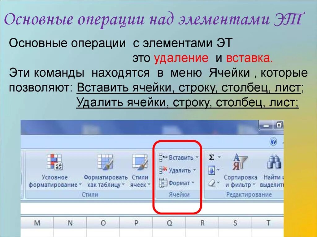 Вставка и удаление ячеек. Основные операции над таблицами. Вставка для меню. Таблица ячейки Столбцы строки. Элементы таблицы на экран