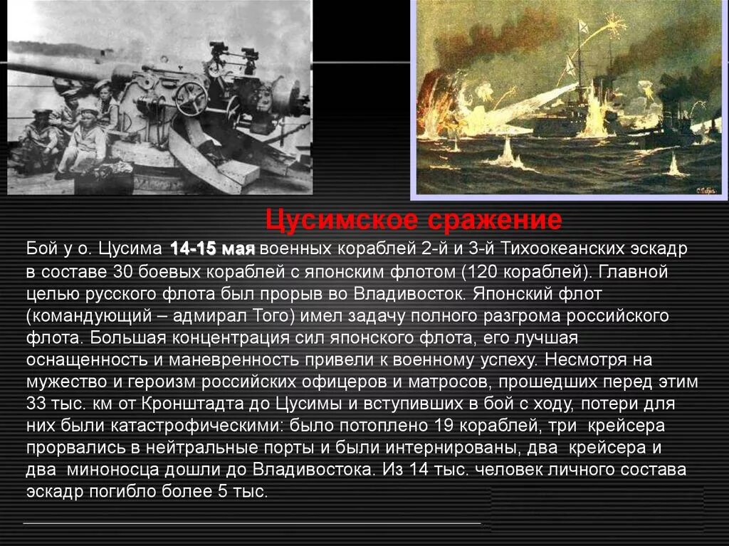 Россия потерпела в войне с японией. Цусимское сражение (14 - 15.05.1905). 1904 Цусимское сражение.