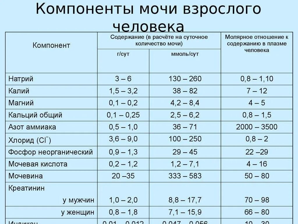 Компоненты характеристики человека. Характеристика химических компонентов мочи в норме. Химические параметры мочи. Химический состав мочи биохимия. Химические свойства мочи свойства мочи таблица.