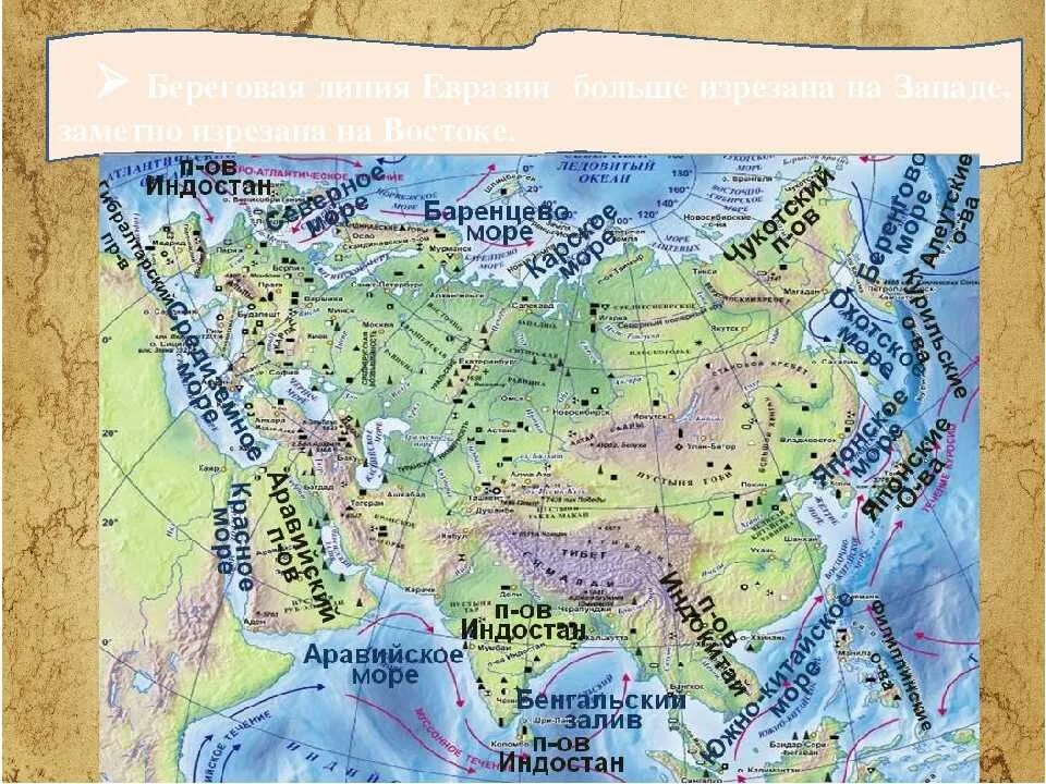 Береговая линия евразии 7 класс география. Объекты береговой линии Евразии. Береговая линия Евразии моря заливы проливы. Моря заливы проливы острова Евразии. Моря заливы проливы полуострова Евразии.