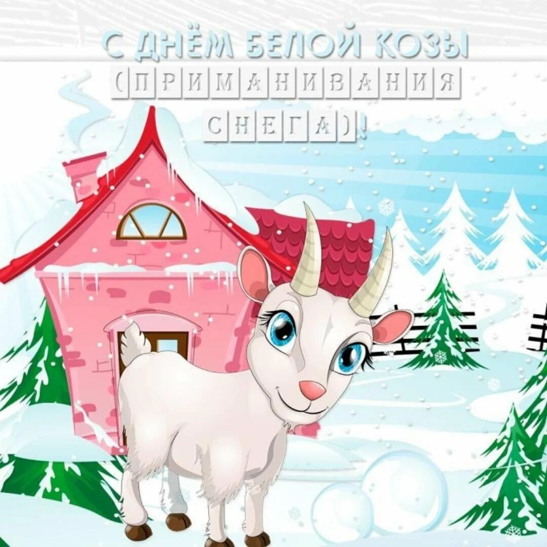 Коза 1 год. День белой козы. День белой козы 1 декабря. 1 Декабря день белой козы приманивания снега. Открытки с днем белой козы.