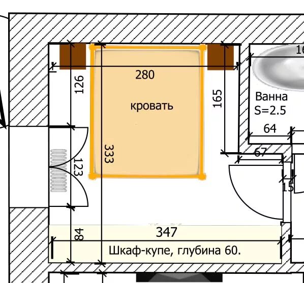 Эргономика спальной комнаты. Минимальный проход между кроватью и стеной. Расстояние между кроватью и стеной. Минимальный размер от кровати до стены.