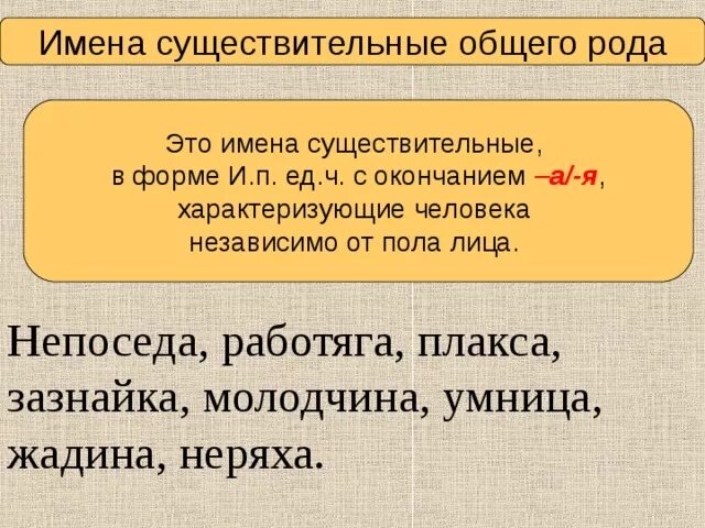 Примеры существительных общего рода. Имена существительные общего рода 6 класс. Имена существительные обшенгорода. Слова общего рода. Существительными общего рода называют