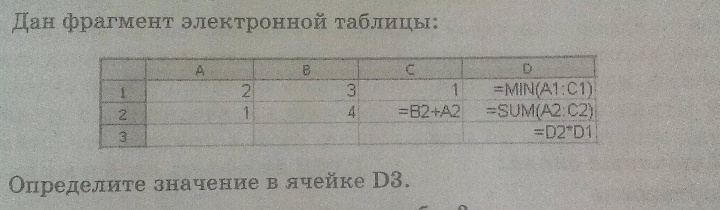 Определите значения работы в следующих случаях. Определите значение в ячейке. Определите значение в ячейке d3. Определите значение в ячейке е3.. Lан фрагмент электронной таблицы:.