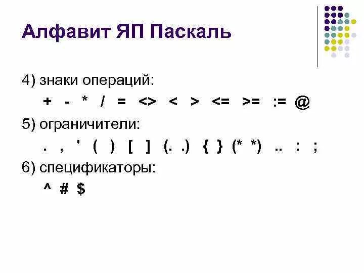 Л паскаль. Знаки в паскале. pascal обозначения. алфавит паскаль. символы в паскале.