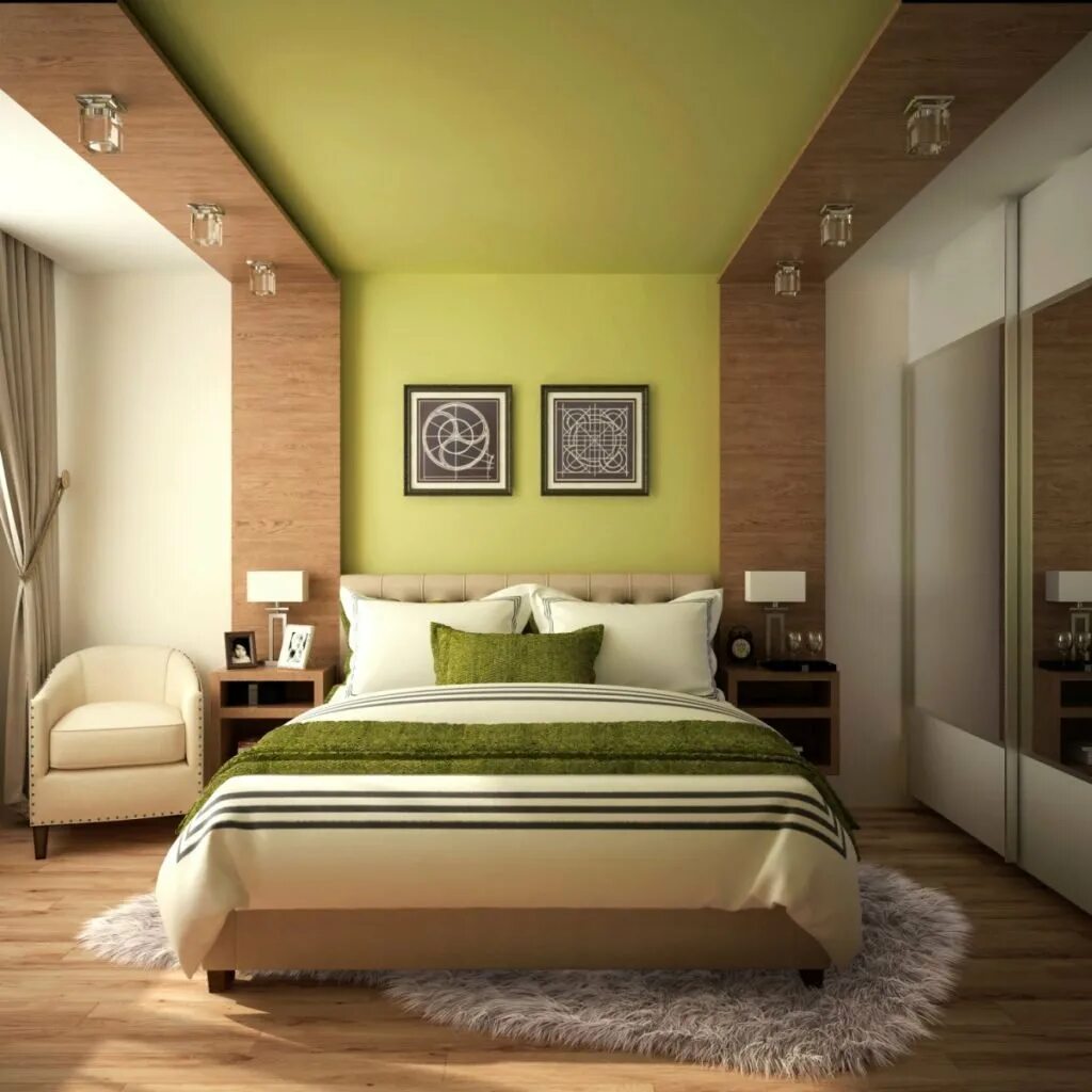Сочетание цветов потолка. Экостиль в интерьере спальни. Интерьер зелёный экостиль спальня. Зеленая спальня в стиле экостиль. Спальня в фисташковых тонах.