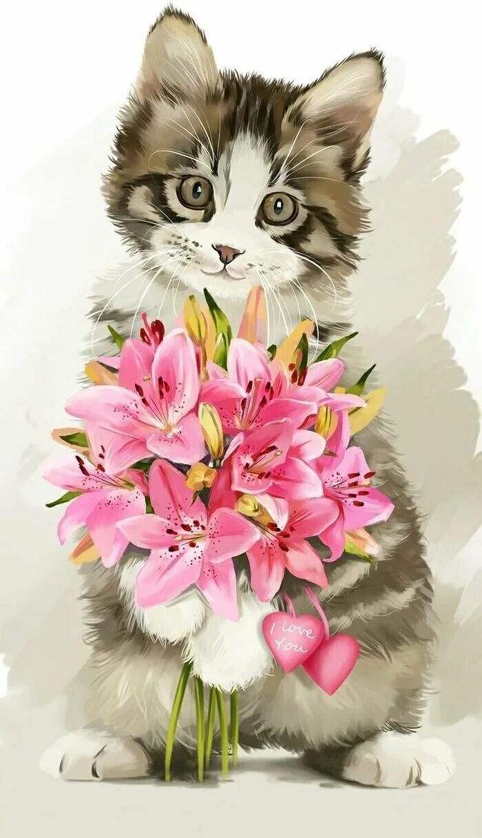Котенок с цветочком. Котик с цветами с днем рождения. Котик с цветами с днем рождения. С днем рождения кошечка. Котенок с цветами.