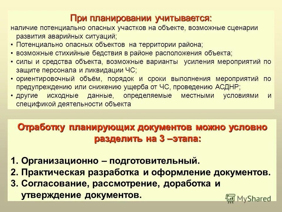 при разработке плана аварийных мероприятий учитываются