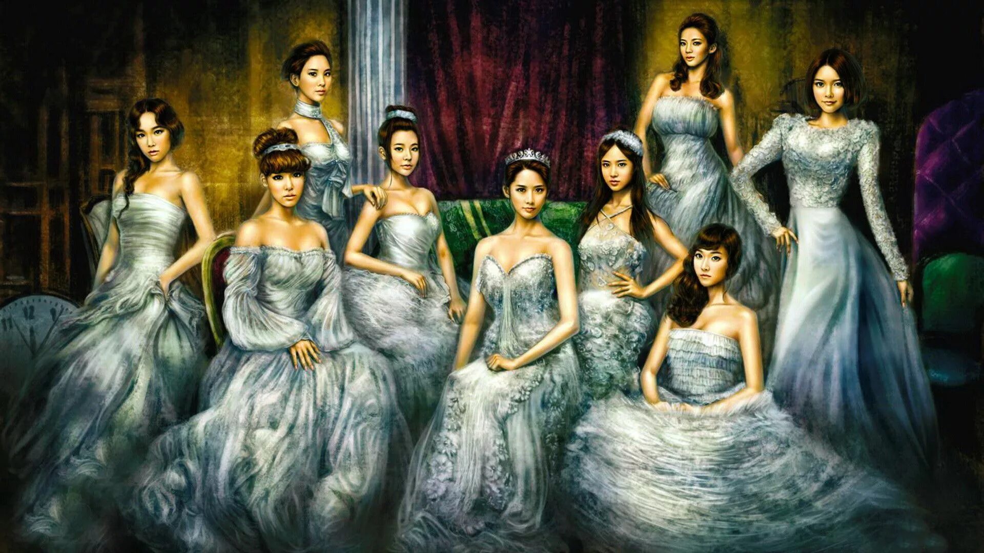 Девять девчонок. Картина несколько девушек. Картина с множеством женщин. Несколько девушек. Группа девушек в платьях.