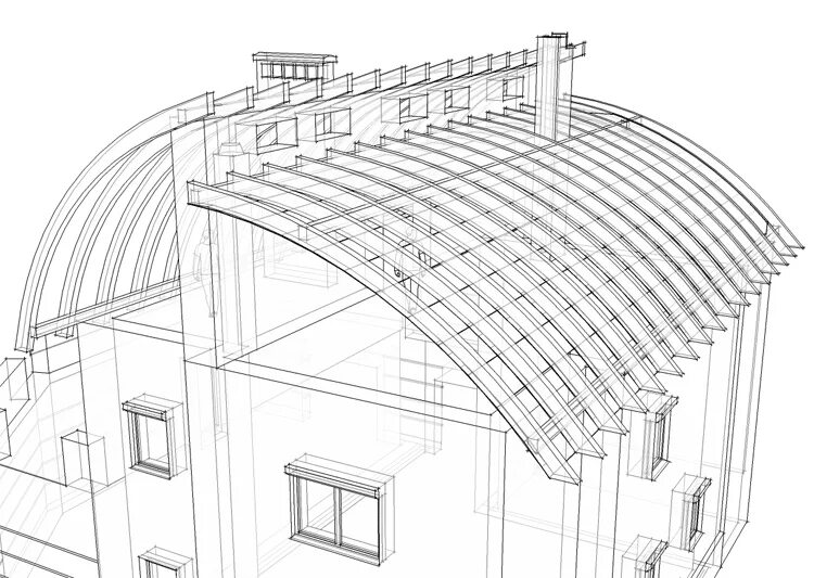 Стропильная система полукруглой кровли. Полукруглая крыша. Дом с полукруглой крышей. Полукруглая кровля. Свод крыши