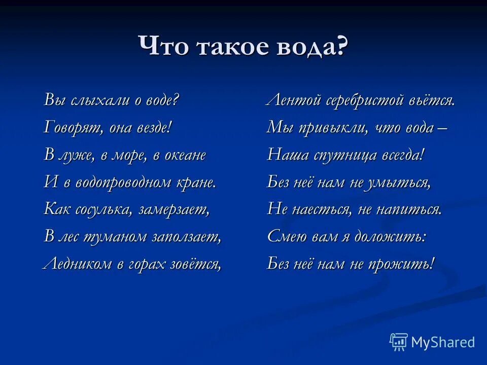 Вы слыхали о воде говорят она везде. Вы слыхали о воде. Рыжова вы слыхали о воде. Стих вы слыхали о воде.