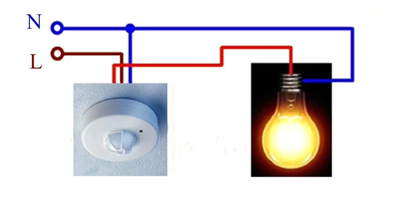 Датчик движения без выключателя. Схема подключения датчика движения для освещения к лампочке. Схема подключения датчика движения к лампочке через выключатель. Подключение датчика движения схема подключения. Схема подключения датчика движения к лампочке 220в.