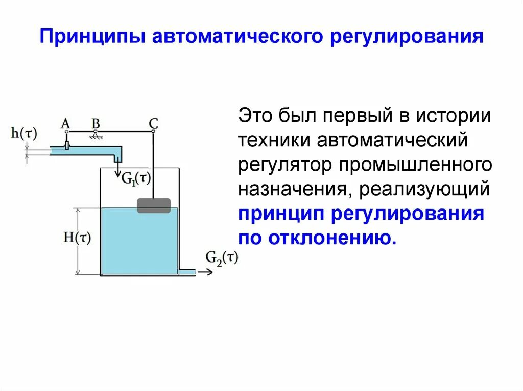Принцип регулирования уровня. Автоматический регулятор. принципы регулирования. принцип регулирования по отклонению. основные принципы автоматического регулирования.