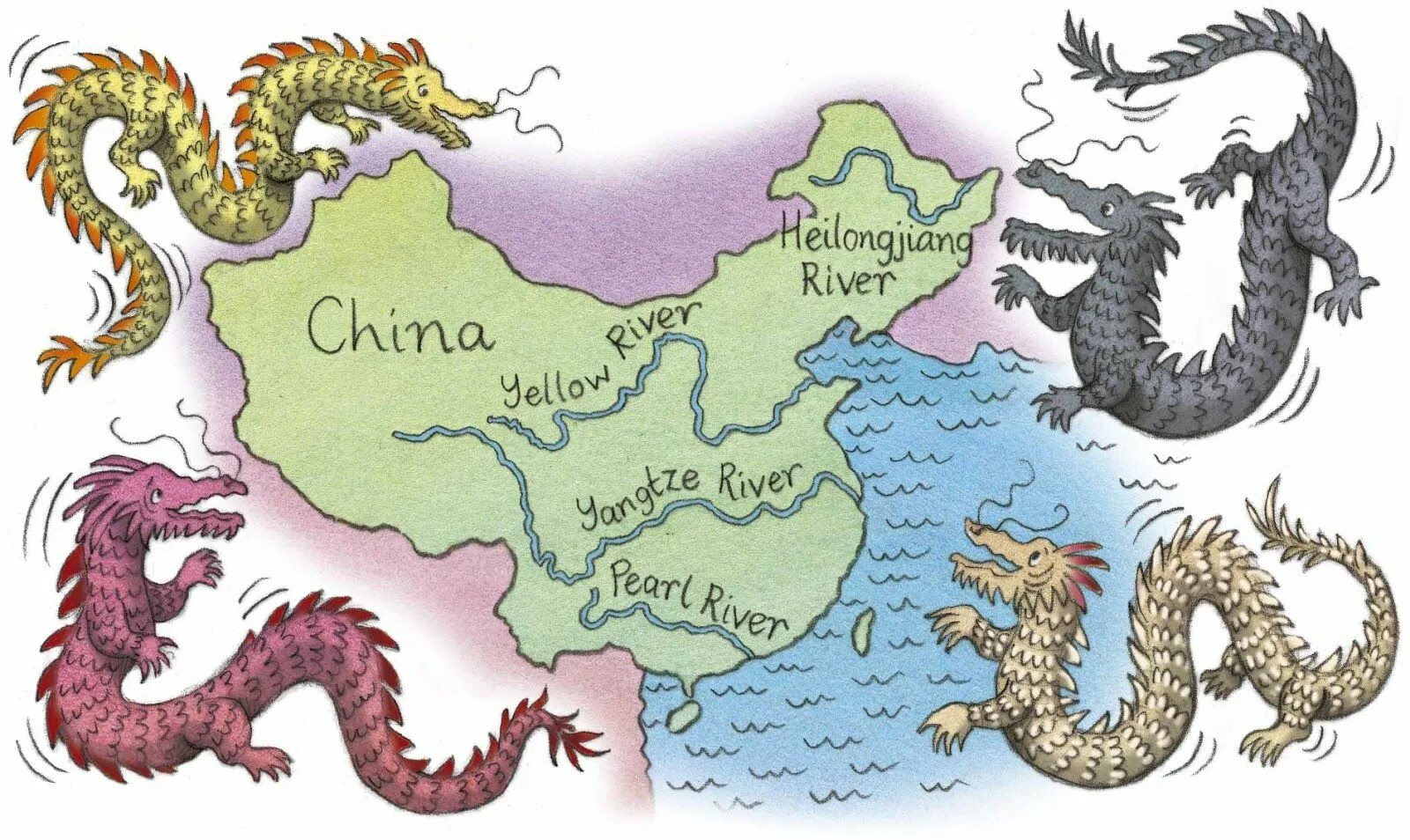 Дракон какая страна. Китайская Легенда о четырех драконах. Китай карта дракон. Китайский Речной дракон. Азиатский дракон.