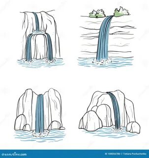 Комплект иллюстрации вектора водопада Падать потока воды утеса горы Изолиро...