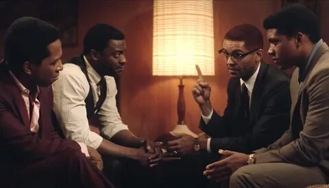 Malcolm X, Cassius Clay, Jim Brown and Sam Cooke talk in a hotel in the mov...