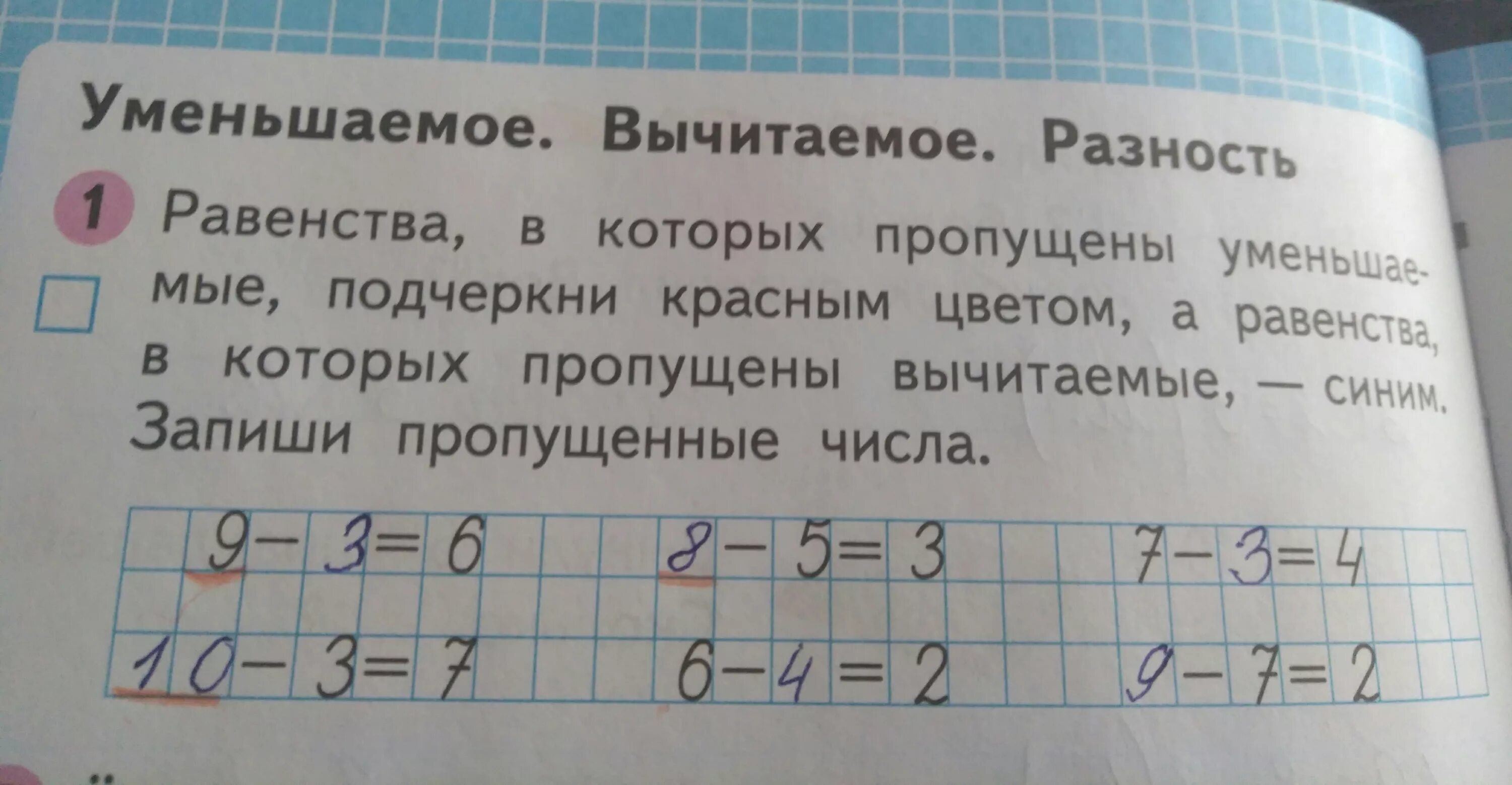 Равенства уменьшаемые и вычитаемые. Равенства в которых пропущены вычитаемые. Подчеркни уменьшаемое. Равенство уменьшаемое вычитаемое.