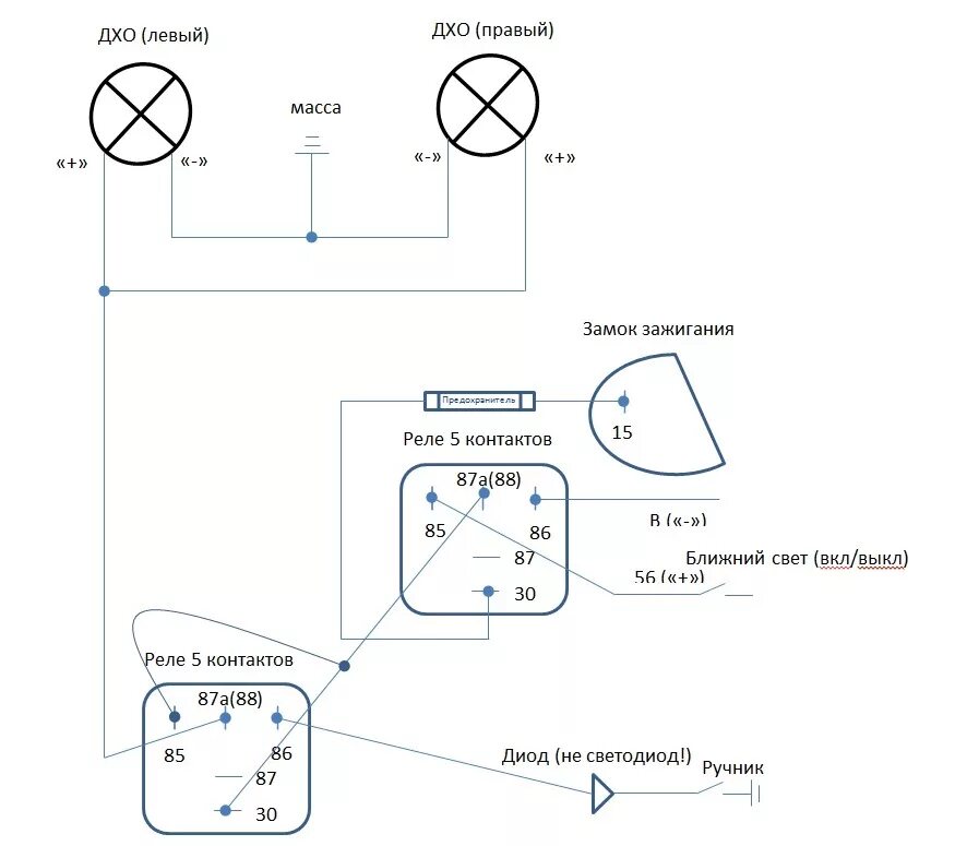 Подключить дхо ваз. Схема подключения светодиодных ходовых огней. Схема подсоединения ходовых огней через реле. Схема подключения светодиодных ДХО. Светодиодные ДХО на ВАЗ 2115 на фары схема подключения.