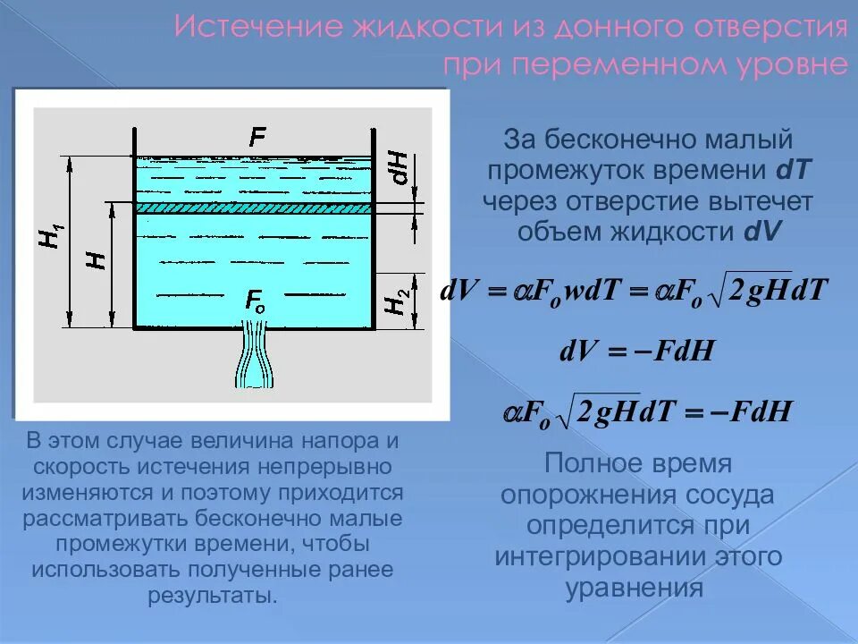 Истечение жидкости через отверстия. Истечение жидкости из сосуда. Истечение жидкости из резервуара. Скорость истечения жидкости. Определить давление воды в резервуаре