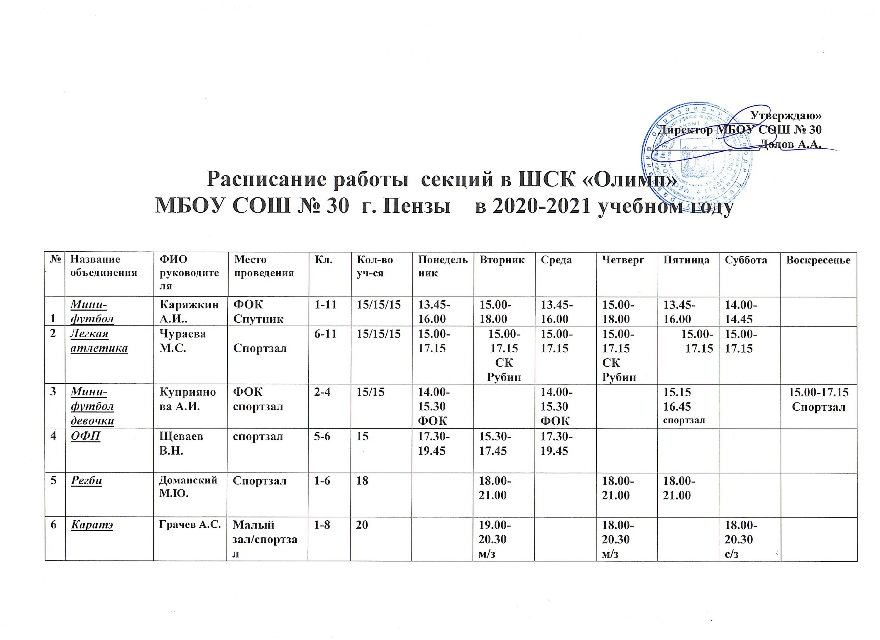 Расписание спортивного клуба