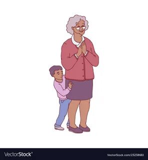 Vector illustration of grandmother and her little grandson standing in plea...