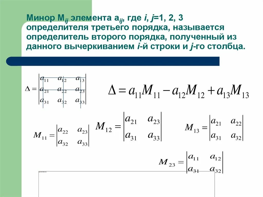 Алгебраические дополнения миноры элементов. Минор 3 порядка матрицы. Определитель матрицы 3 порядка миноры. Минор второго порядка матрицы. Минор 1 порядка.