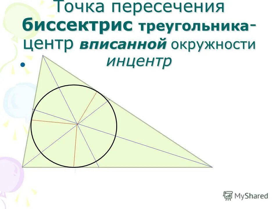 Замечательные точки презентация. Пересечение биссектрис в треугольнике. Центр треугольника это точка пересечения. Центр пересечения биссектрис в треугольнике.