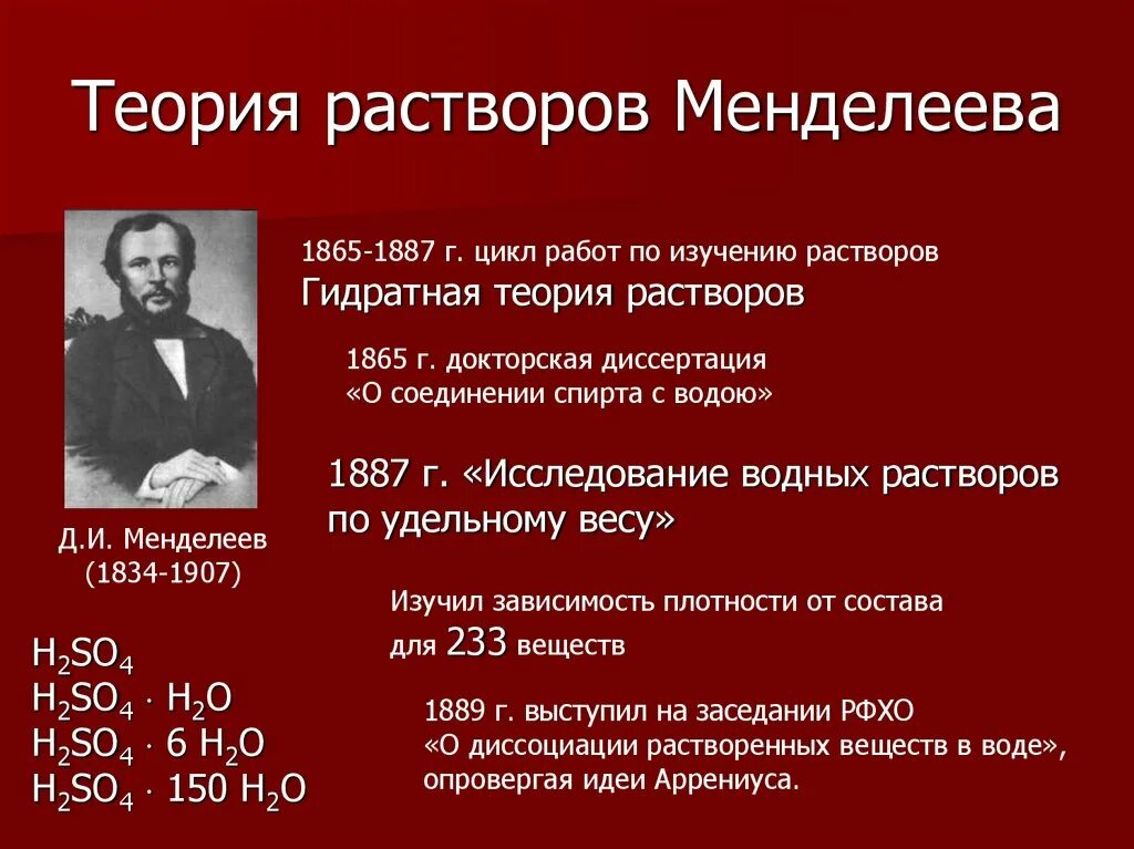 Суть химической теории. Теория Менделеева. Гидратная теория растворов д.и Менделеева. Теория растворов. Основные положения теории растворов д.и. Менделеева..