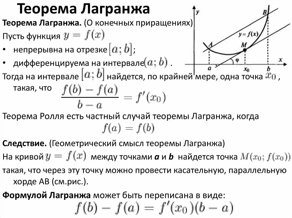 Функция g x 13x 65. Теорема Лагранжа о среднем значении. Формула Лагранжа производные. Теорема Лагранжа геометрический смысл. Теорема Лагранжа формула конечных приращений.