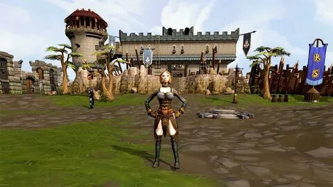 A player-character posing by a castle landmark in the free MMORPG, RuneScap...