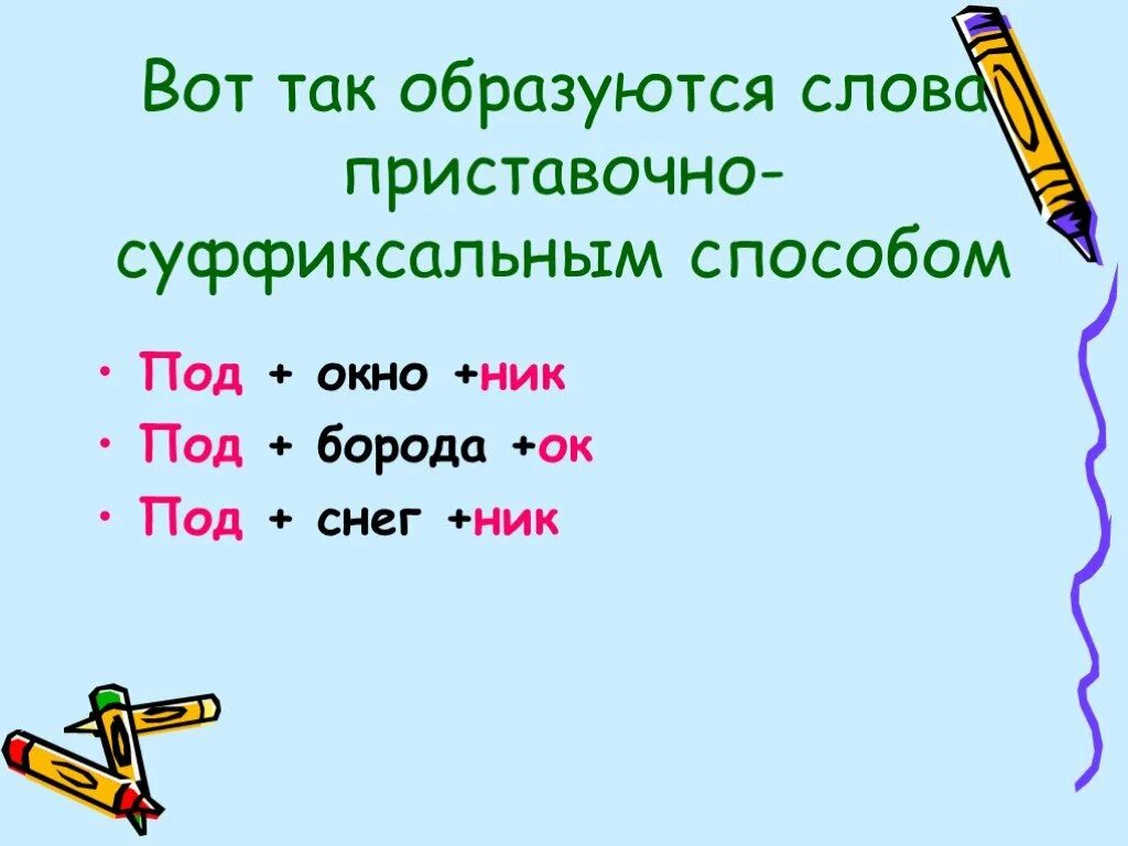 Приставочный способ образования имен существительных. Существительные суффиксальным способом. Слово образованное приставочно-суффиксальным способом. Слова с приставочно суффиксальным способом. Как образовалось слово образование