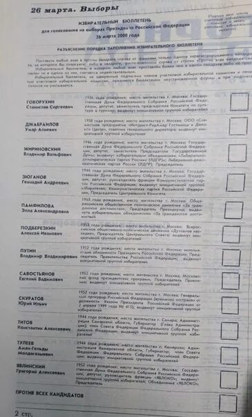 Какие выборы были в 2000. Бюллетень для голосования президента. Выборы президента РФ бюллетень. Избирательный бюллетень 2000. Президентские выборы бюллетень 2000 года.