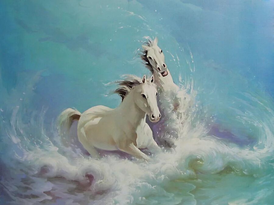 Лошадь бежит по воде. Белая лошадь Бегущая по воде. Лошади и море живопись. Лошади выбегающие из моря.